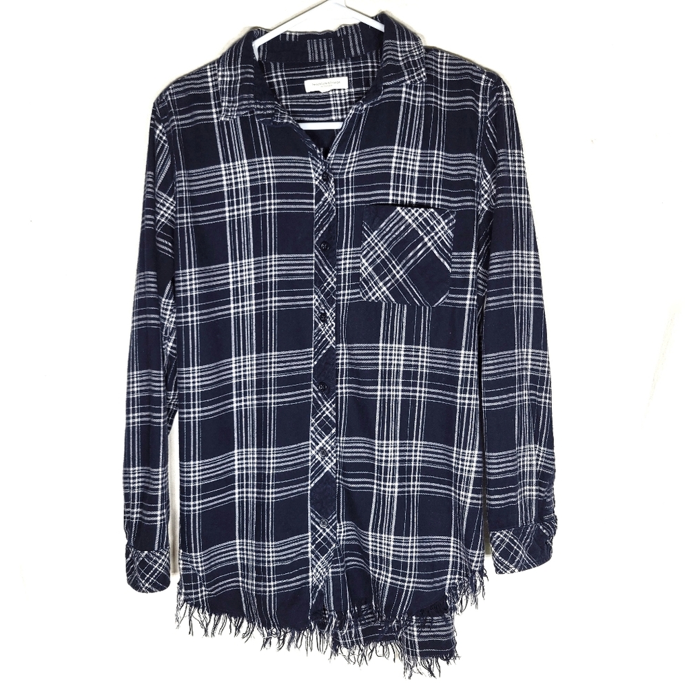 Navy plaid button down S flannel distressed longsleeve shirt women's casual